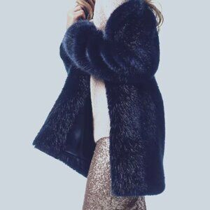 Elegant Faux Fur Coat by ANN TAYLOR in beautiful Navy NWT